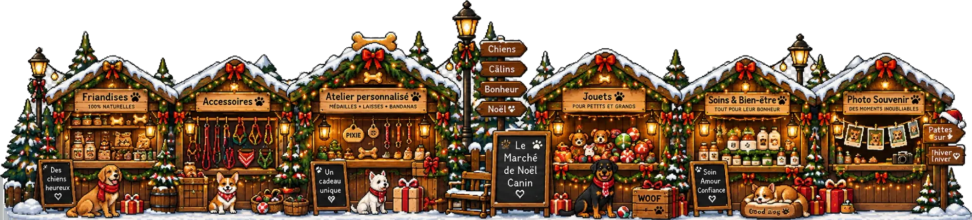Illustration : un marché de Noël canin, chalets en bois enneigés, sapins décorés et chiens en écharpe rouge.